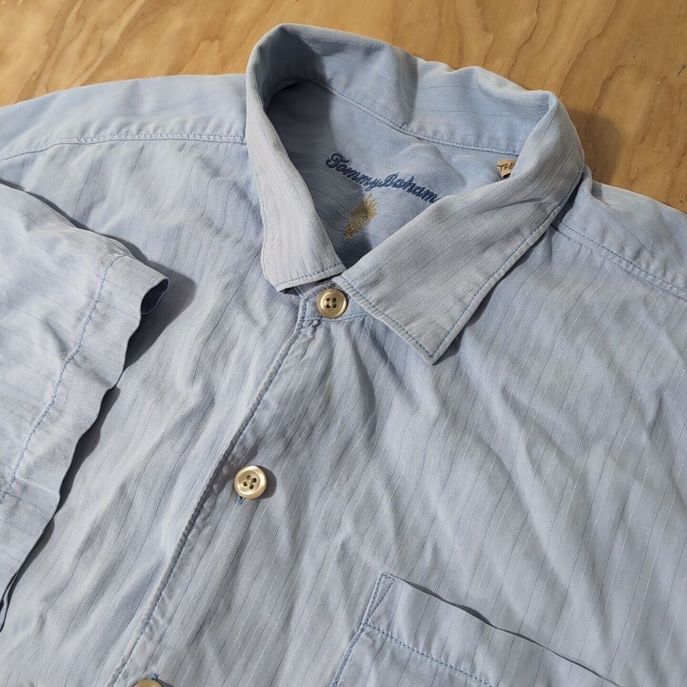 Tommy Bahama Mens Button Down Camp Shirt 2XL Short Sleeve Blue 100% Silk Striped